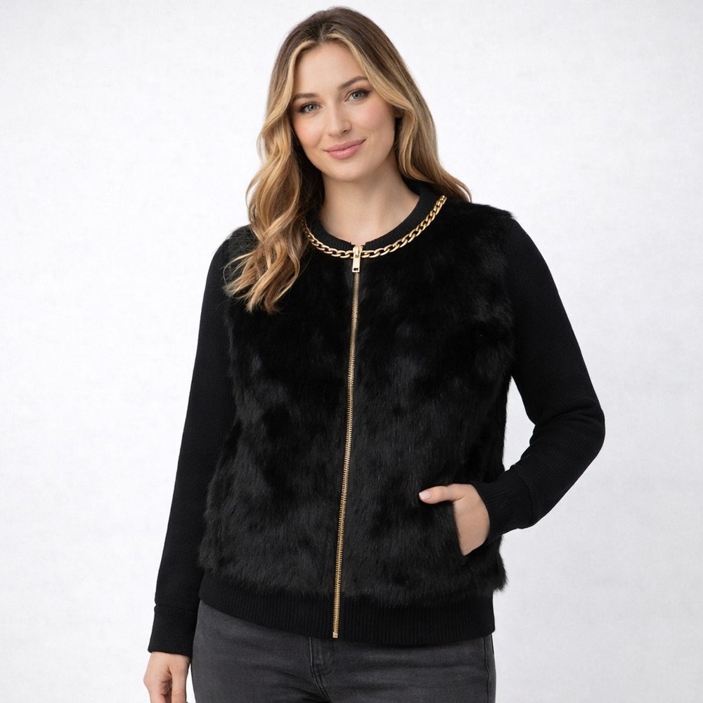 NWT Black Faux Fur front zip Jacket with Gold Accents